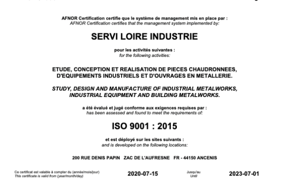 Certificat ISO 9001 : 2015