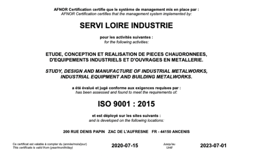 Certificat ISO 9001 : 2015