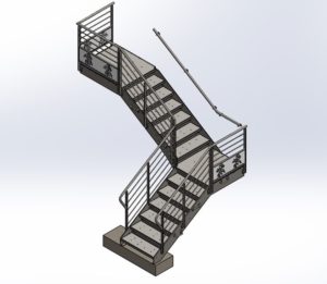 Modélisation 3D d'un escalier décoratif en acier avec des motifs faits à la découpe laser