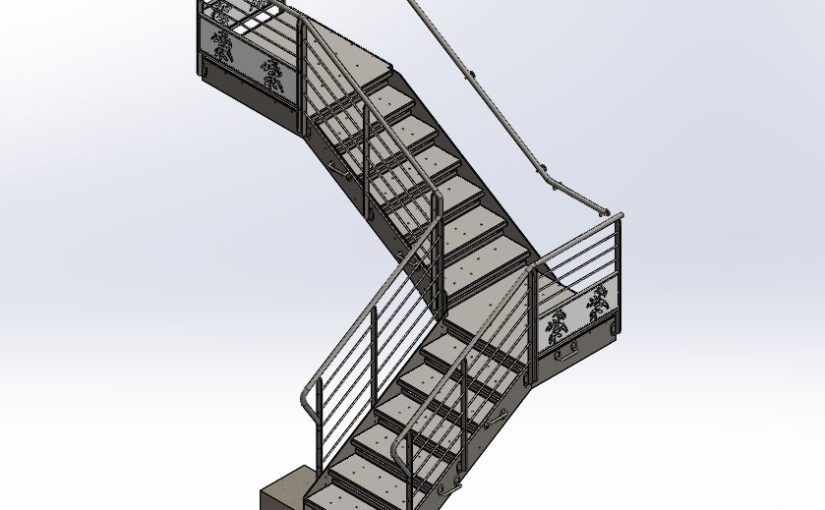 Modélisation 3D d'un escalier décoratif en acier avec des motifs faits à la découpe laser